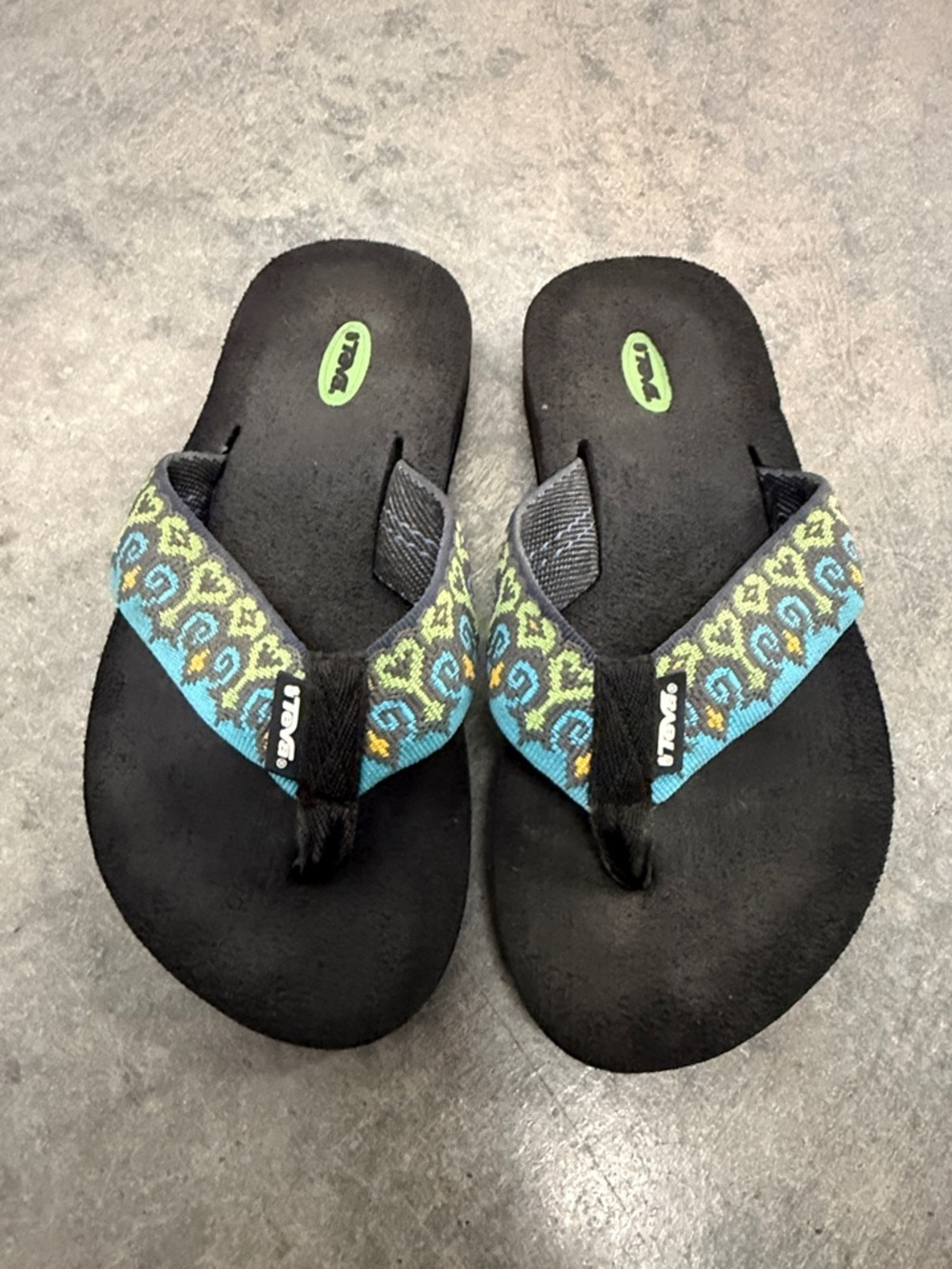 Teva Black Sandals with Teal and Lime Patterned Straps